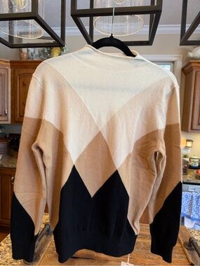 Cashmere Colorblock Cowl-Neck Sweater in Cream, Tan & Black